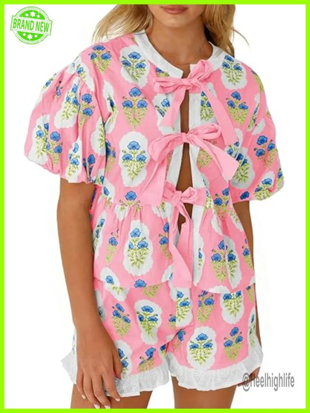 Floral Puff Sleeve Babydoll Blouse Ruffle Shorts Matching Set